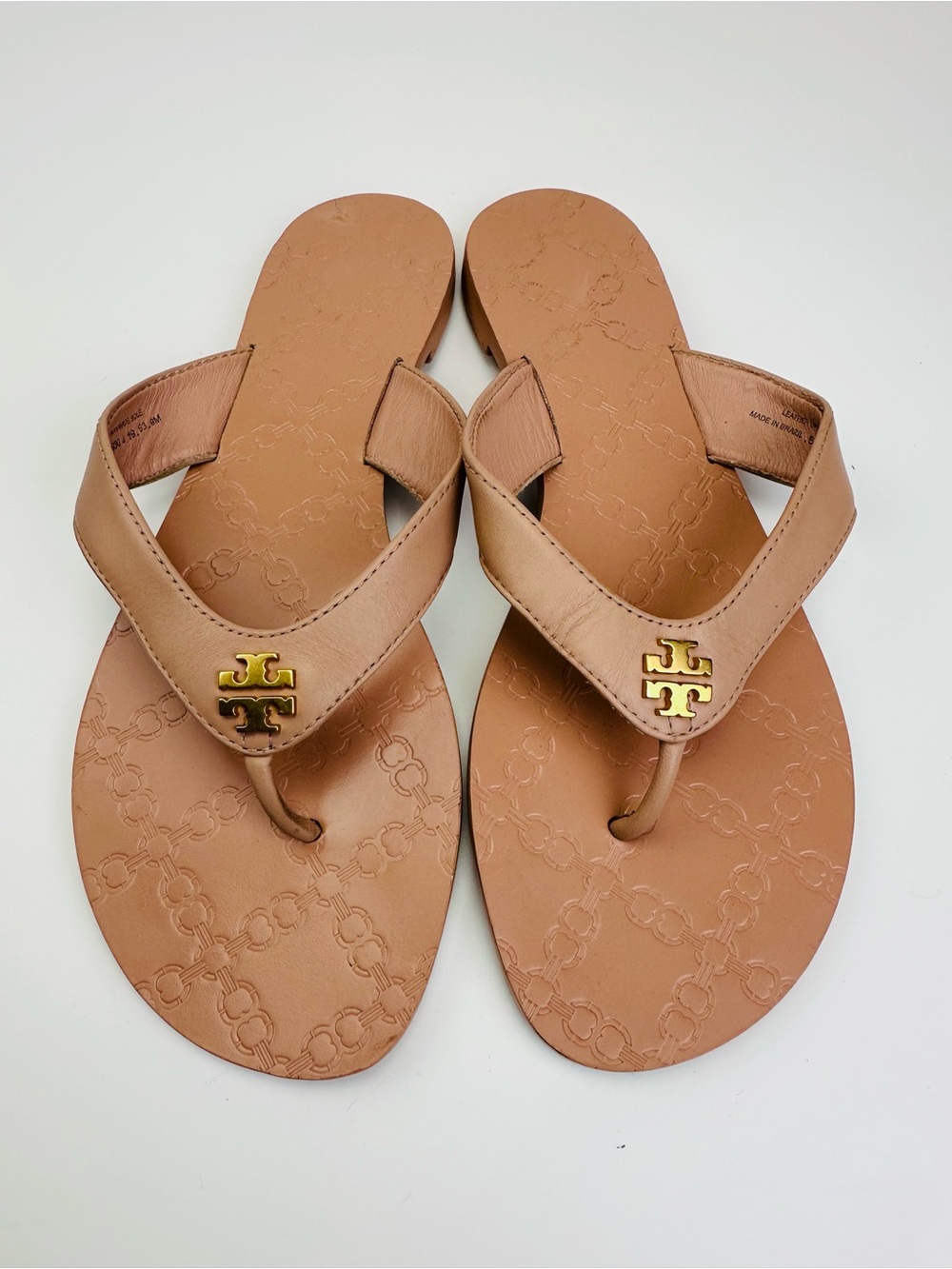 Tory Burch Monroe Beige Tan Leather Upper Thong Flip Flop Sandal Gold Logo - Picture 3 of 9